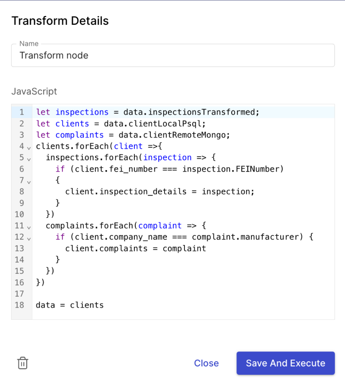 A transform node’s code editor