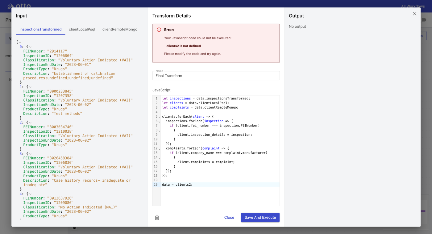 Error specifications inside node